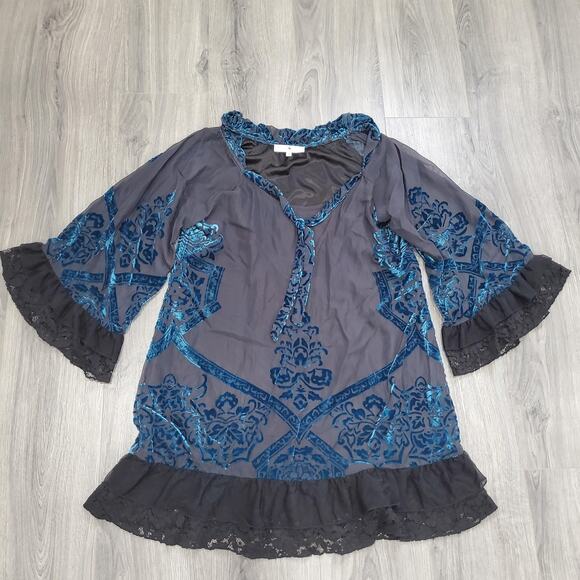 Rancho Estancia Tunic Top Womens XL Gray Blue Velvet Boho Peasant Blouse Lace - Picture 1 of 7